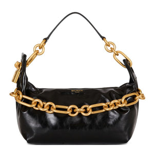 Black handbag with gold chain details on a white background