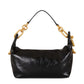 Black handbag with gold chain handle on a white background