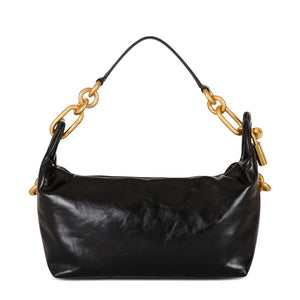 Black handbag with gold chain handle on a white background