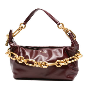 Brown handbag with gold chain detail on a white background