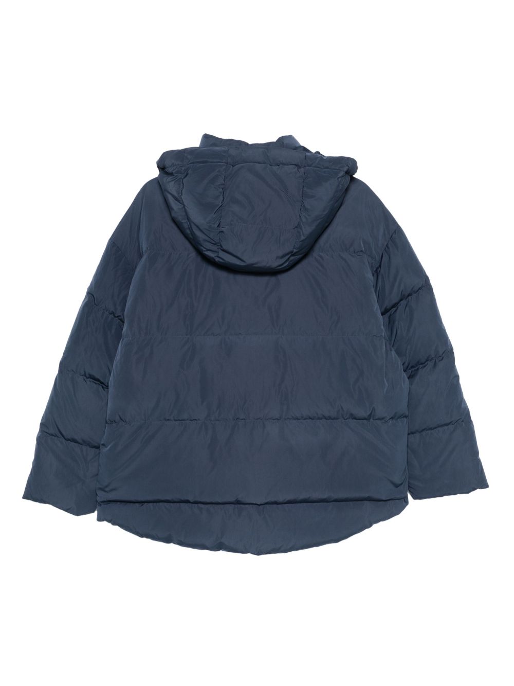 Navy blue puffer jacket with a hood on a white background