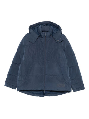 Blue puffer jacket with a hood on a white background