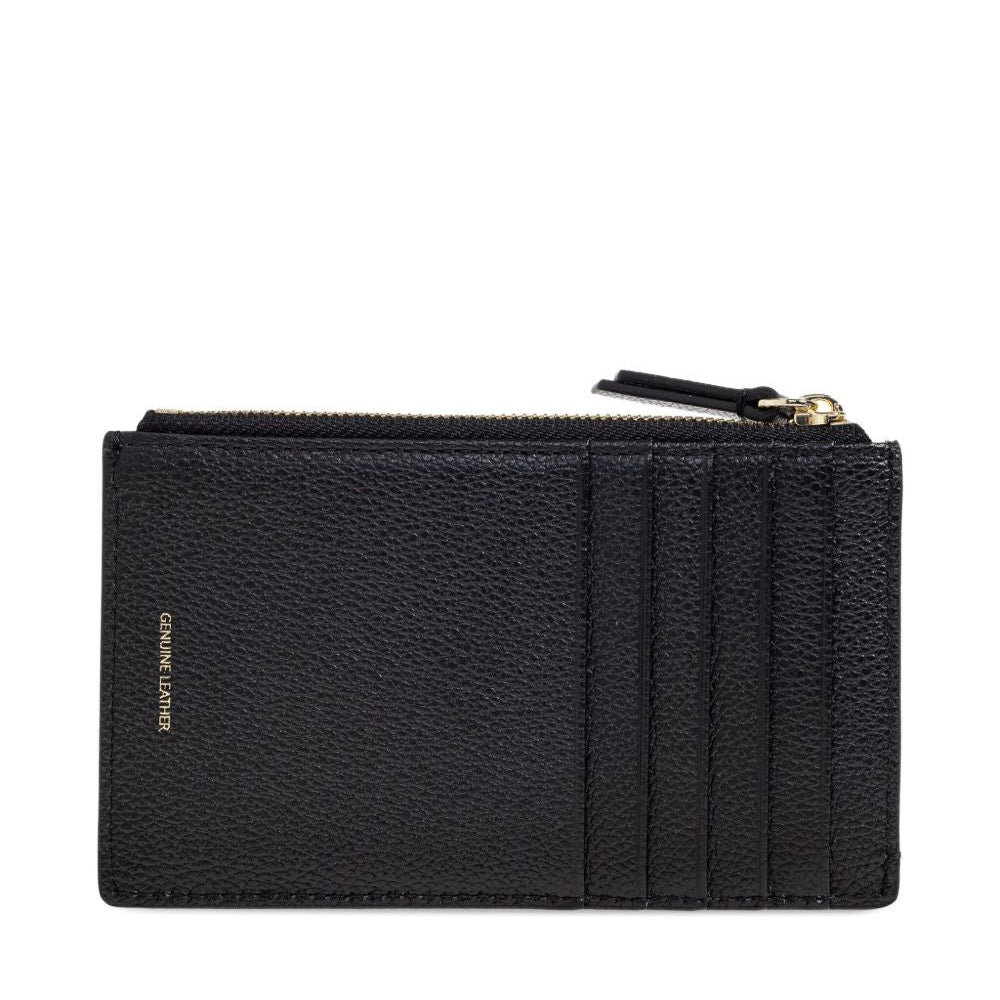 Black leather wallet with card slots and a zipper on a white background
