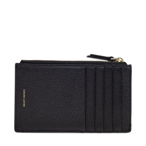 Black leather wallet with card slots and a zipper on a white background