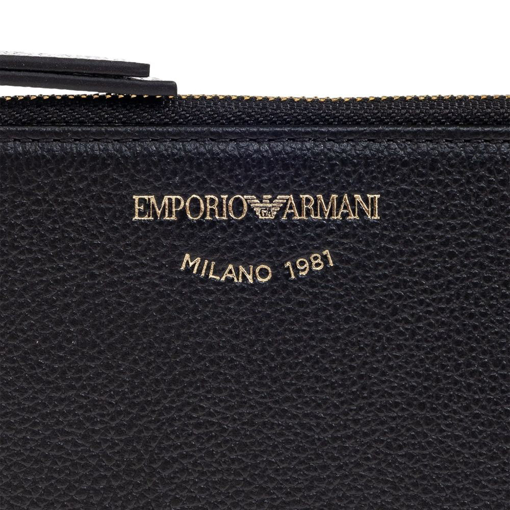 Black Emporio Armani wallet with gold logo and text on a white background