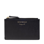 Black wallet with gold zipper and 'Emporio Armani' branding on a white background