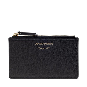 Black wallet with gold zipper and 'Emporio Armani' branding on a white background