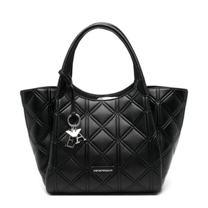 Black quilted handbag with a brand logo on a white background