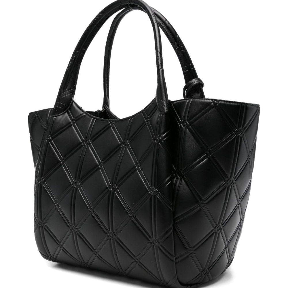Black quilted handbag on a white background