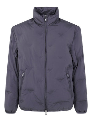 Dark gray puffer jacket on a white background