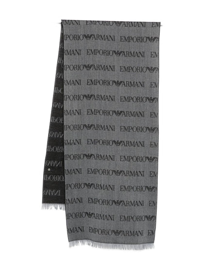 Emporio Armani Virgin Wool Blend Scarf With Jacquard Lettering Logo And Fringes