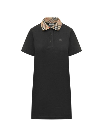 Alt Tag: Burberry Dresses Black short-sleeve polo dress with signature check collar, tailored fit for versatile formal and everyday wear