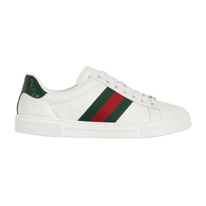 White sneaker with green and red stripe on a white background