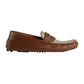Brown leather loafer with a decorative buckle on a light gray background