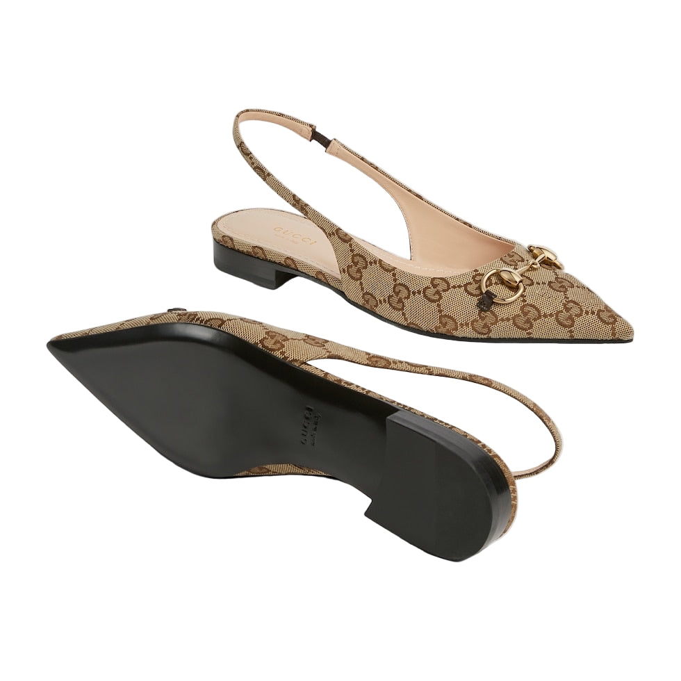 Beige slingback flat shoe with Gucci logo on a white background