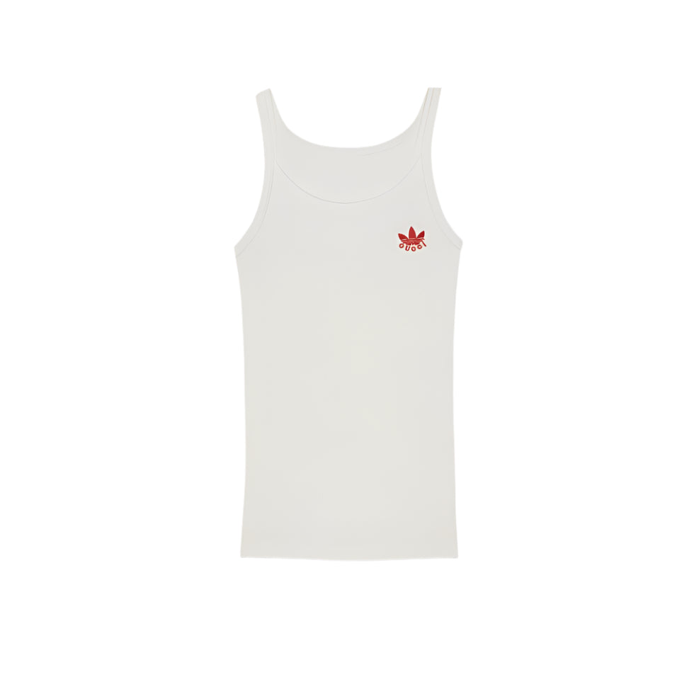 White Gucci tank top with a red Adidas logo on a white background