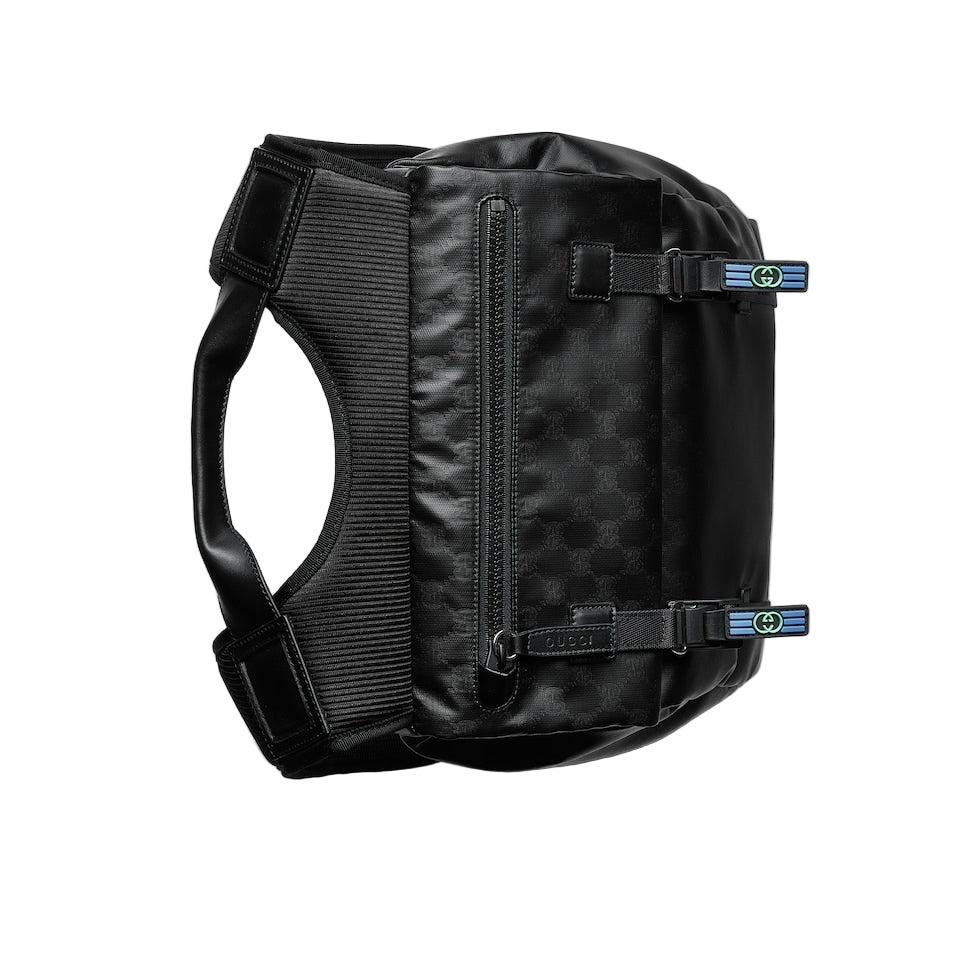 Black backpack with visible branding on a light gray background