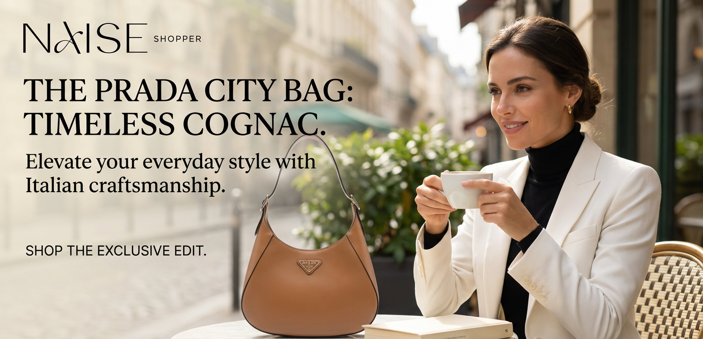 Woman in a white suit holding a Prada bag and a cup, with promotional text for Prada City Bag.