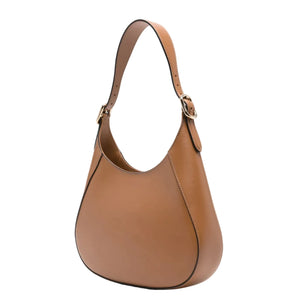Brown leather handbag on a white background
