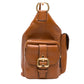 Brown leather backpack with gold buckle on a white background
