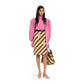 Woman wearing a pink top and striped skirt with a black belt on a white background