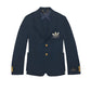 Navy blazer with gold buttons and a logo on a light gray background