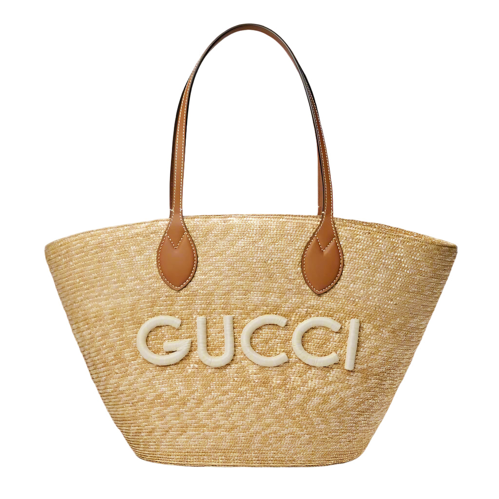 Woven Gucci bag with brown handles on a light gray background