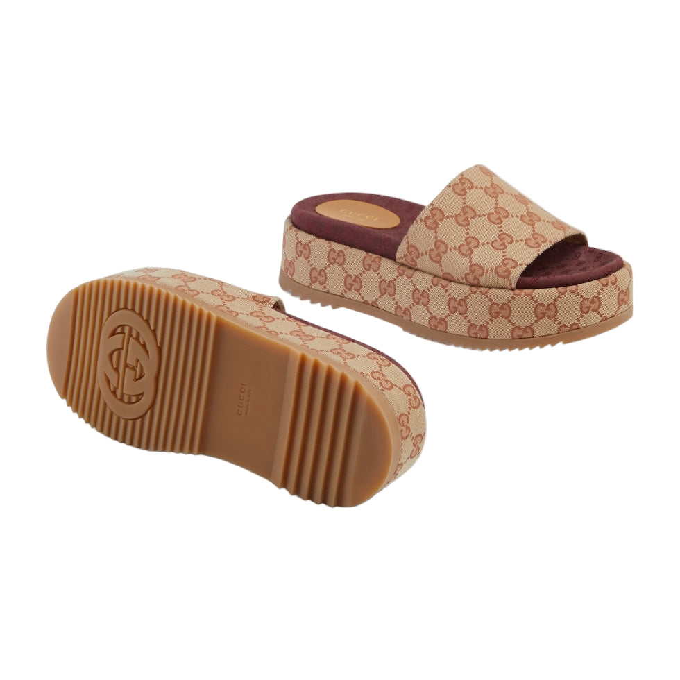 Beige platform sandals with brown soles on a light gray background
