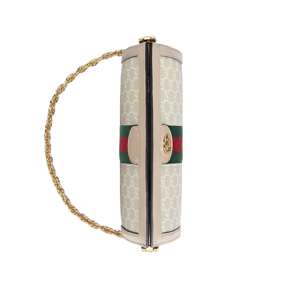 Designer handbag with chain strap on a light gray background