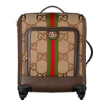 Designer Gucci suitcase with brand jumbo logo and color stripes on a white background