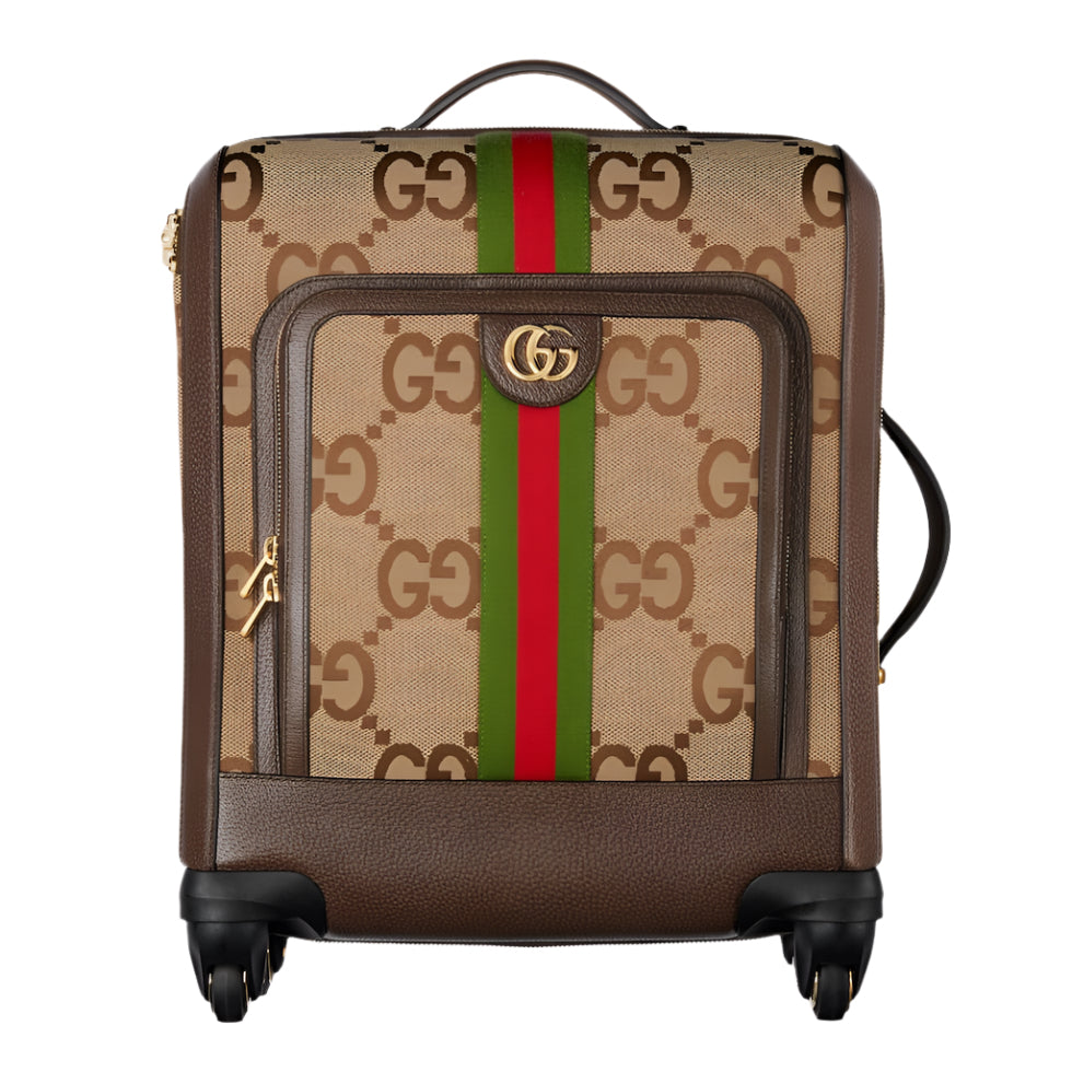 Designer Gucci suitcase with brand jumbo logo and color stripes on a white background