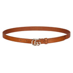 Brown belt with a gold buckle on a light gray background