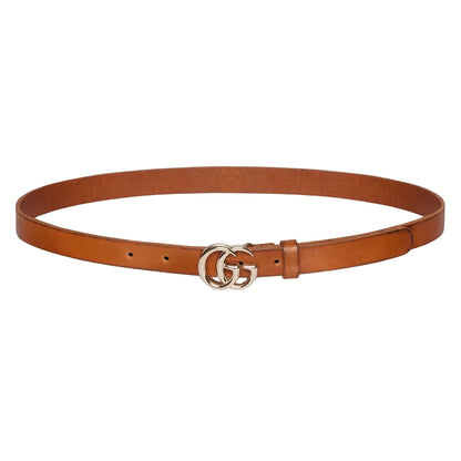 Brown belt with a gold buckle on a light gray background