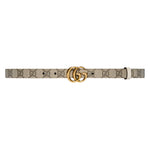 Beige Gucci belt with double G buckle on a white background
