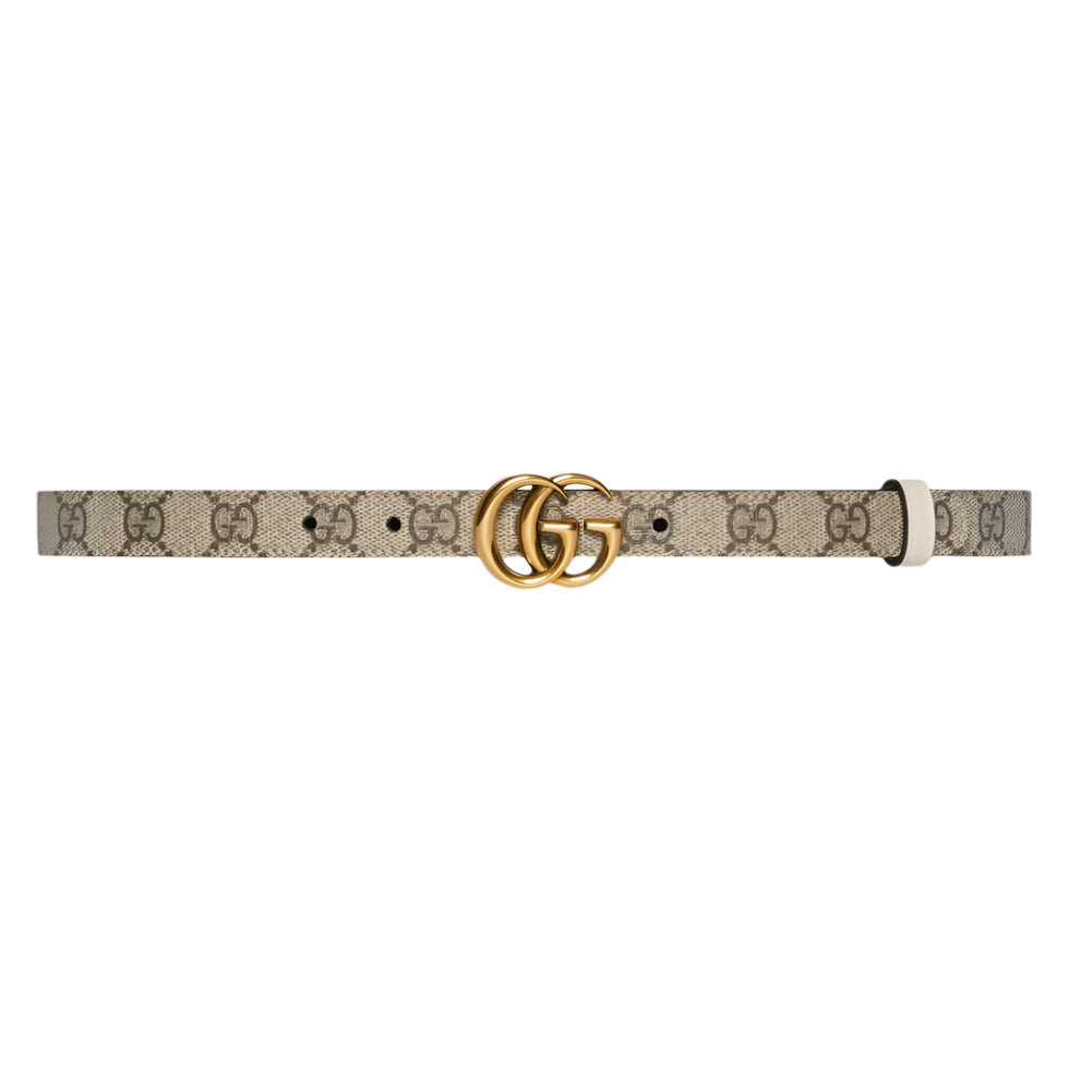 Beige Gucci belt with double G buckle on a white background