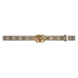 Beige Gucci belt with double G buckle on a white background