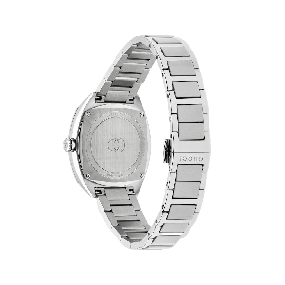 Silver Gucci watch on a light gray background