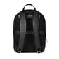 Black backpack with patterned straps on a light gray background