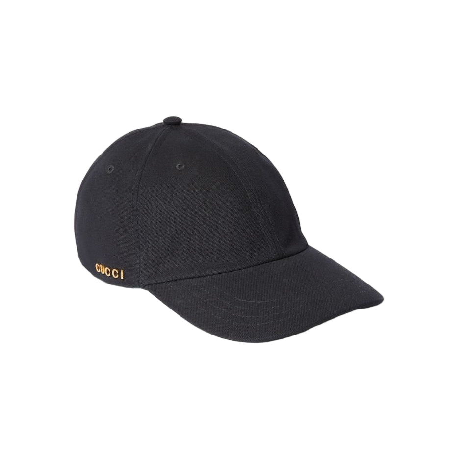 Black Gucci canvas baseball hat on a platform with product details.