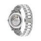 Silver Gucci watch with open face on a light gray background