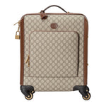 Beige and brown suitcase with patterned design on a white background