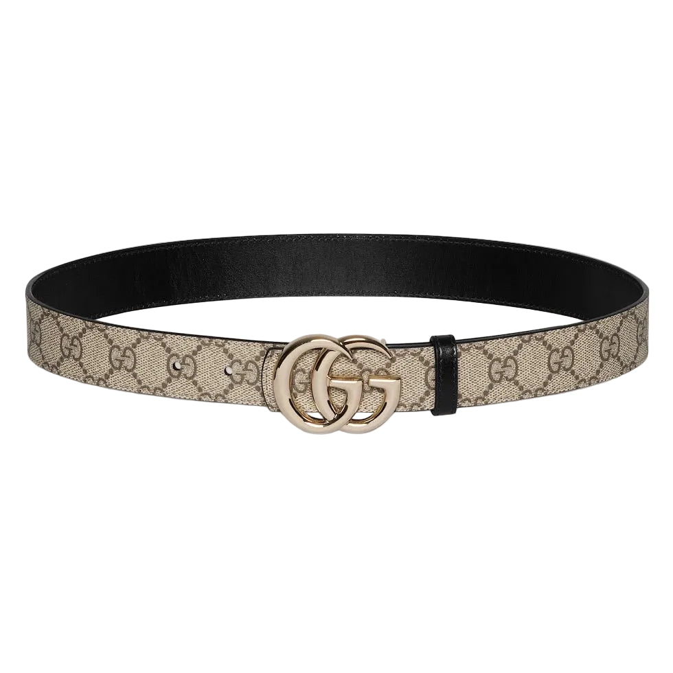 Designer belt with GG logo on a light gray background