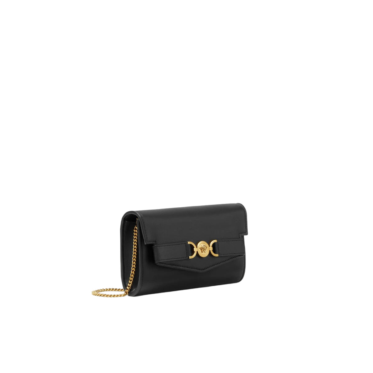 Black handbag with gold chain and clasp on a white background