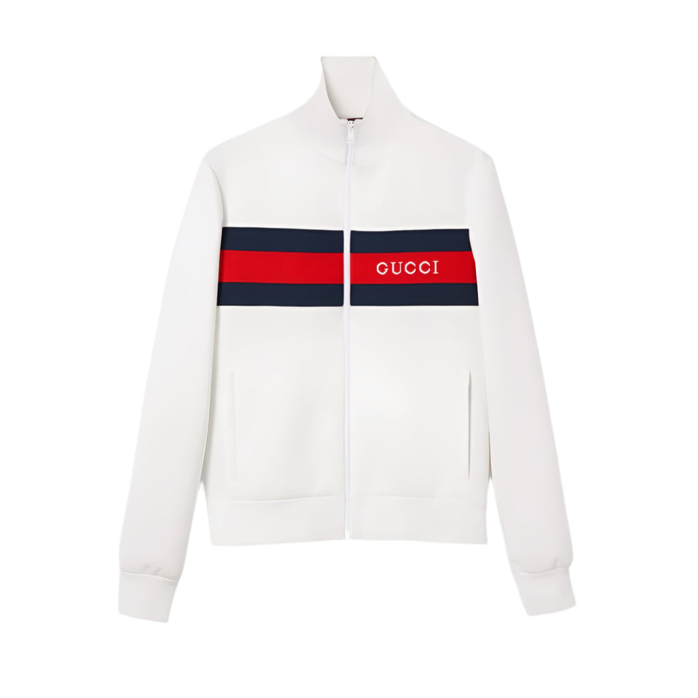 White zip-up with Gucci logo on a white background