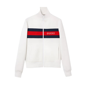 White zip-up with Gucci logo on a white background