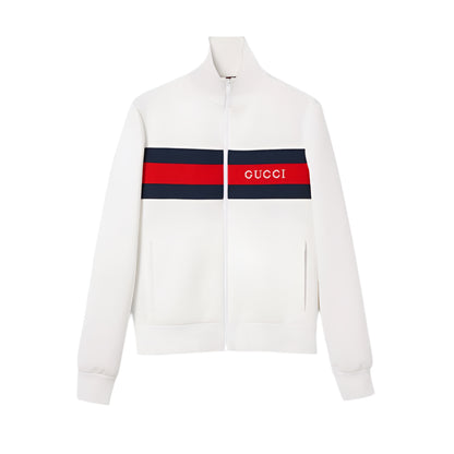 White zip-up with Gucci logo on a white background