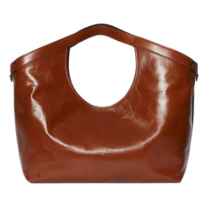 Brown leather handbag on a light gray background