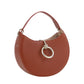 Brown handbag with a silver ring detail on a white background