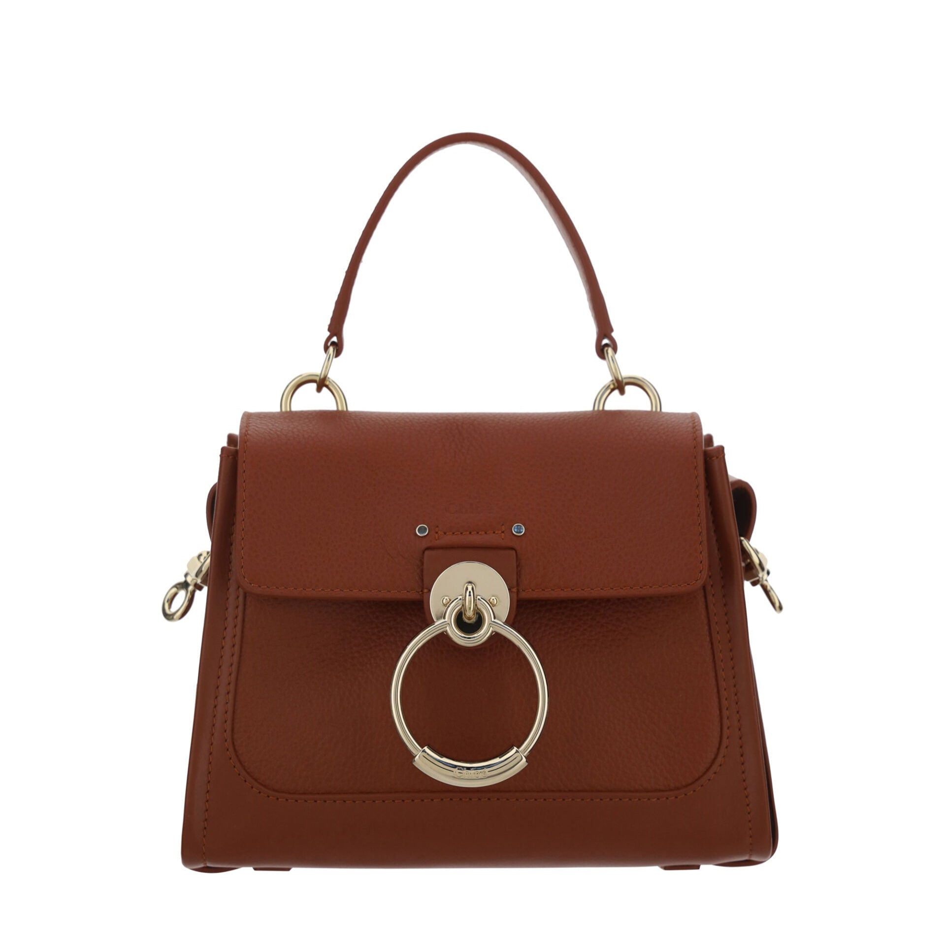 Brown handbag with gold ring detail on a white background