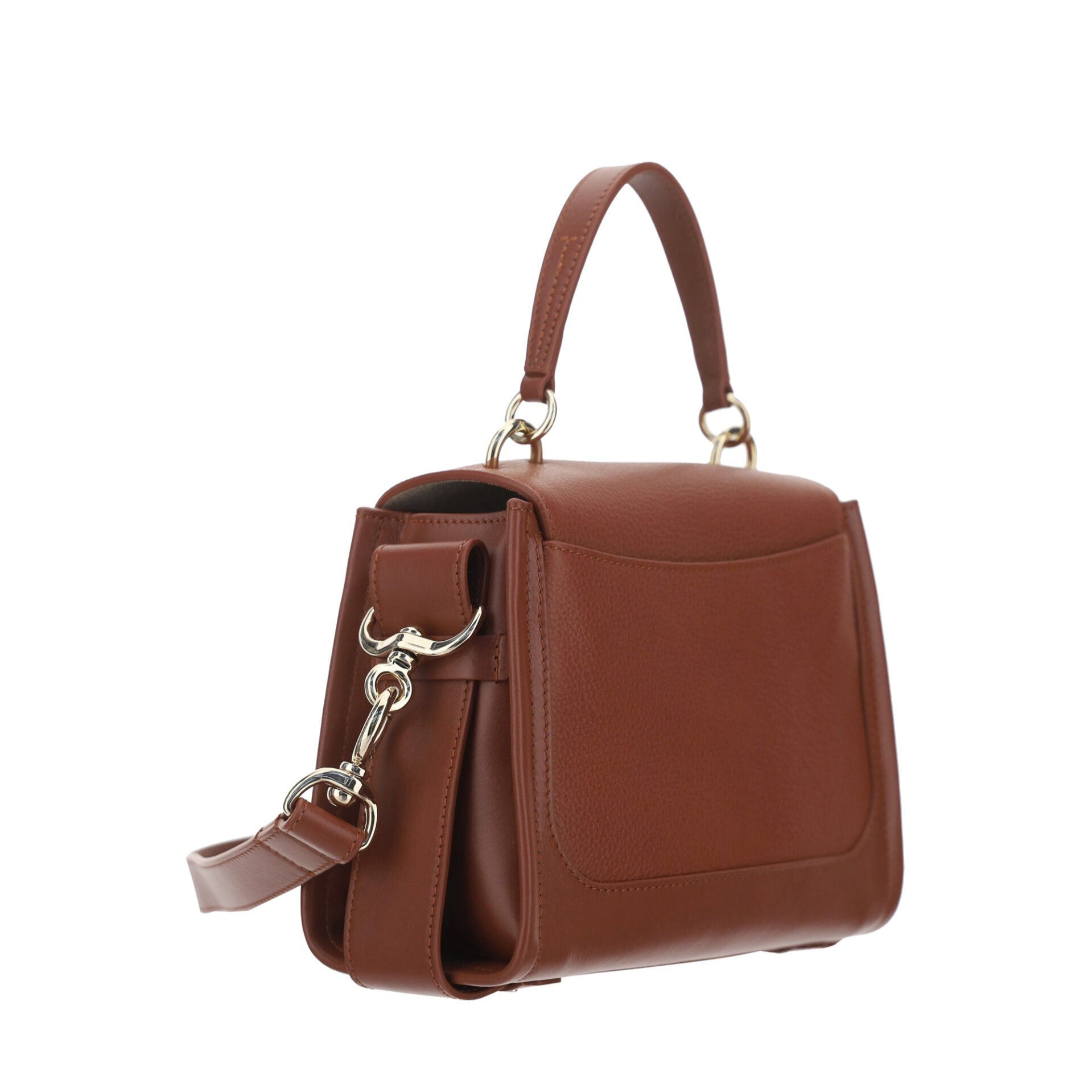 Brown leather handbag with a strap on a white background